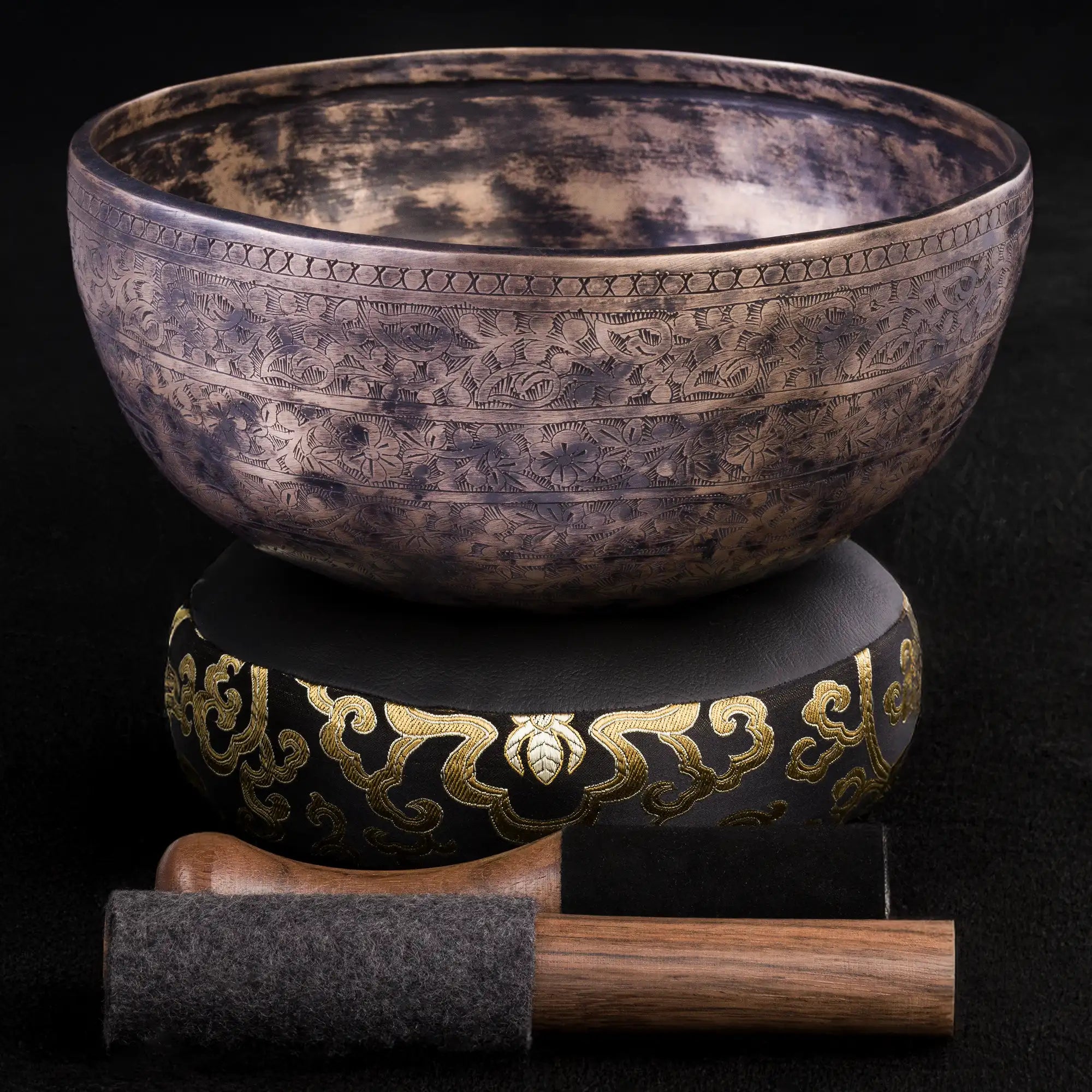 Midnight Blossom Hand-Carved Jambati Himayalan Singing Bowl HW386 – 9 1/8”, E3-F3 & B4.